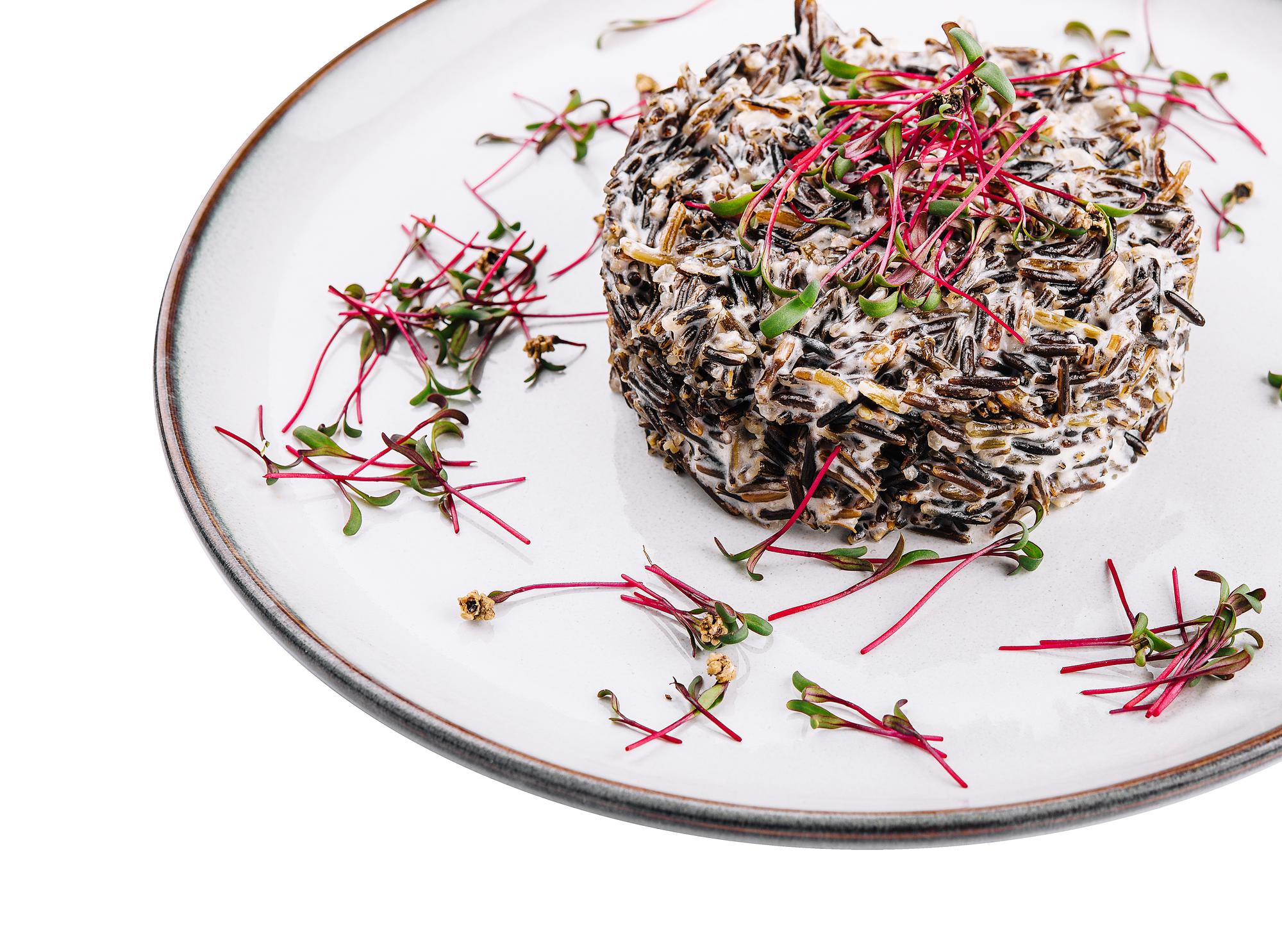 Large editorial dish with microgreens on ceramic plate