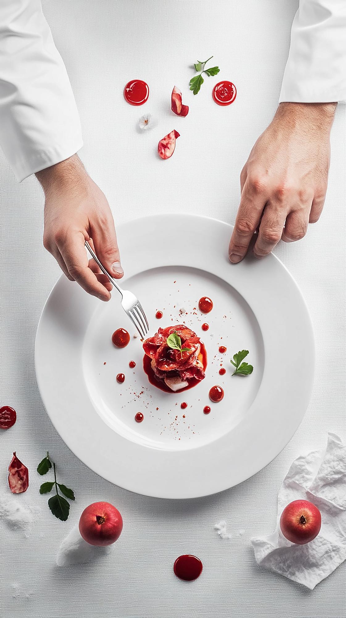 Chef plating gourmet dish in elegant atelier